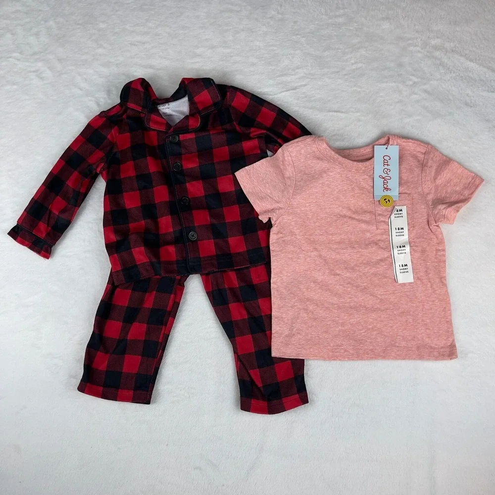 Lot‎ of 2 Carter's T-Shirt & Pajama Set Girls 18M Just One You Red Buffalo Plaid